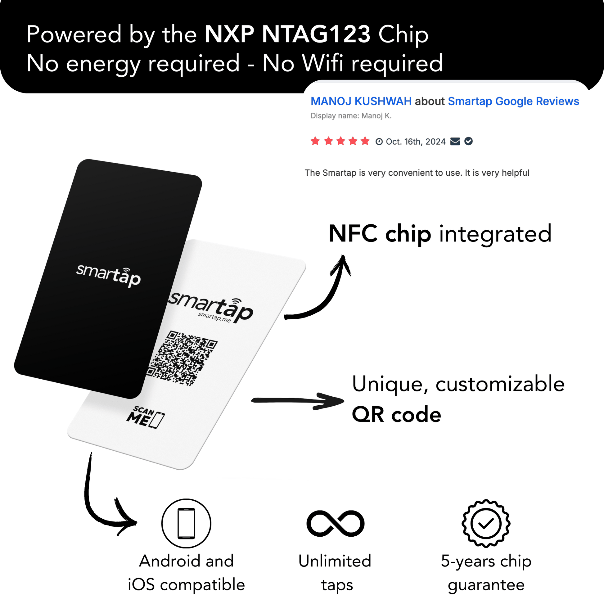 Trustpilot Card with customizable NFC chip and QR code, black and white plastic cards, compatible with Android and iOS, 5-year chip guarantee, free keychain included