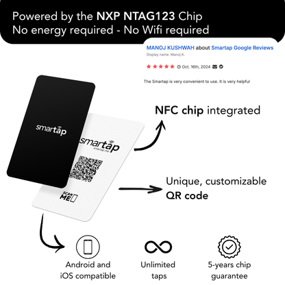 Trustpilot Card with customizable NFC chip and QR code, black and white plastic cards, compatible with Android and iOS, 5-year chip guarantee, free keychain included
