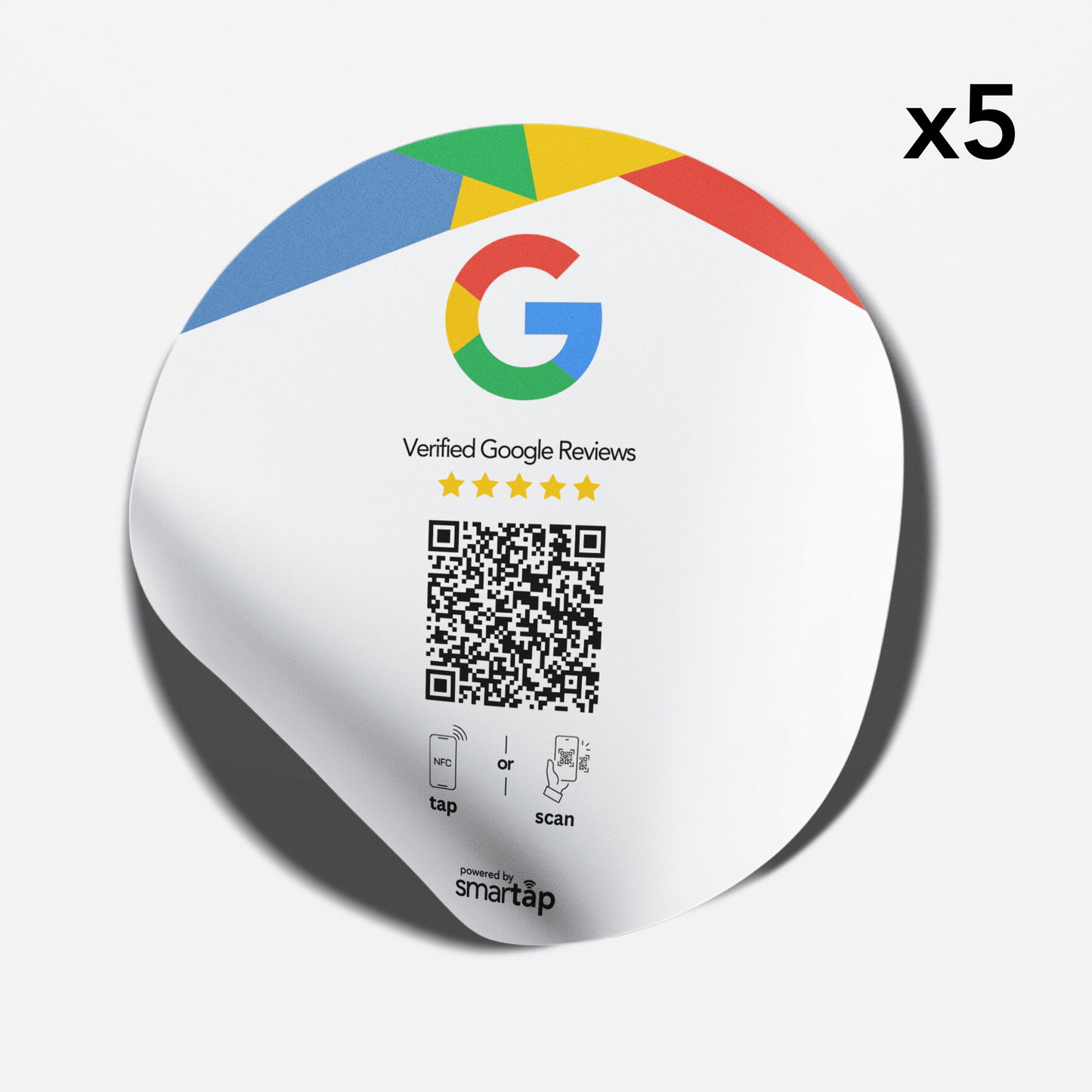 Set of 5 round Google Stickers with customizable QR codes for collecting verified Google reviews and increasing online reputation