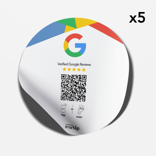 Set of 5 round Google Stickers with customizable QR codes for collecting verified Google reviews and increasing online reputation
