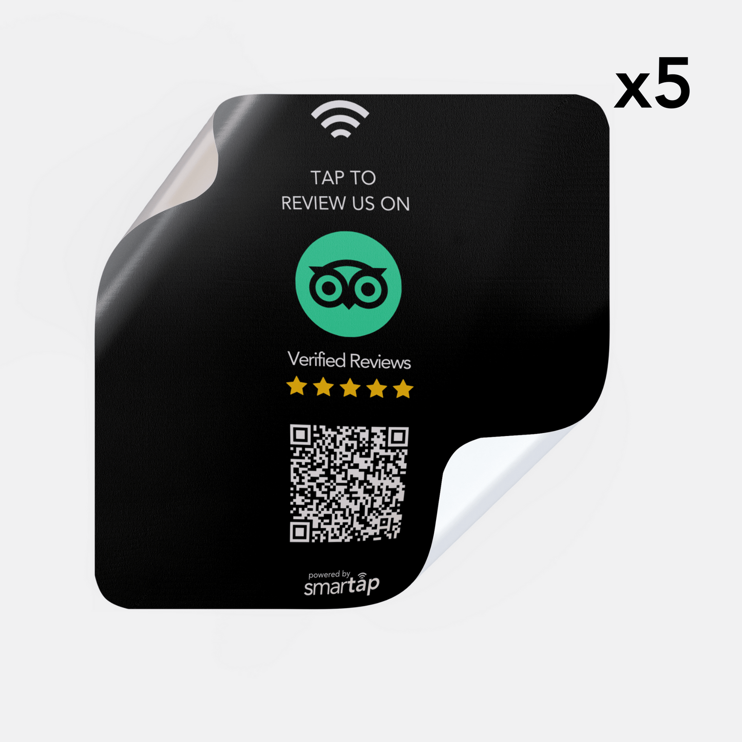 Set of five black Tripadvisor Stickers with QR code for customer reviews and customization options