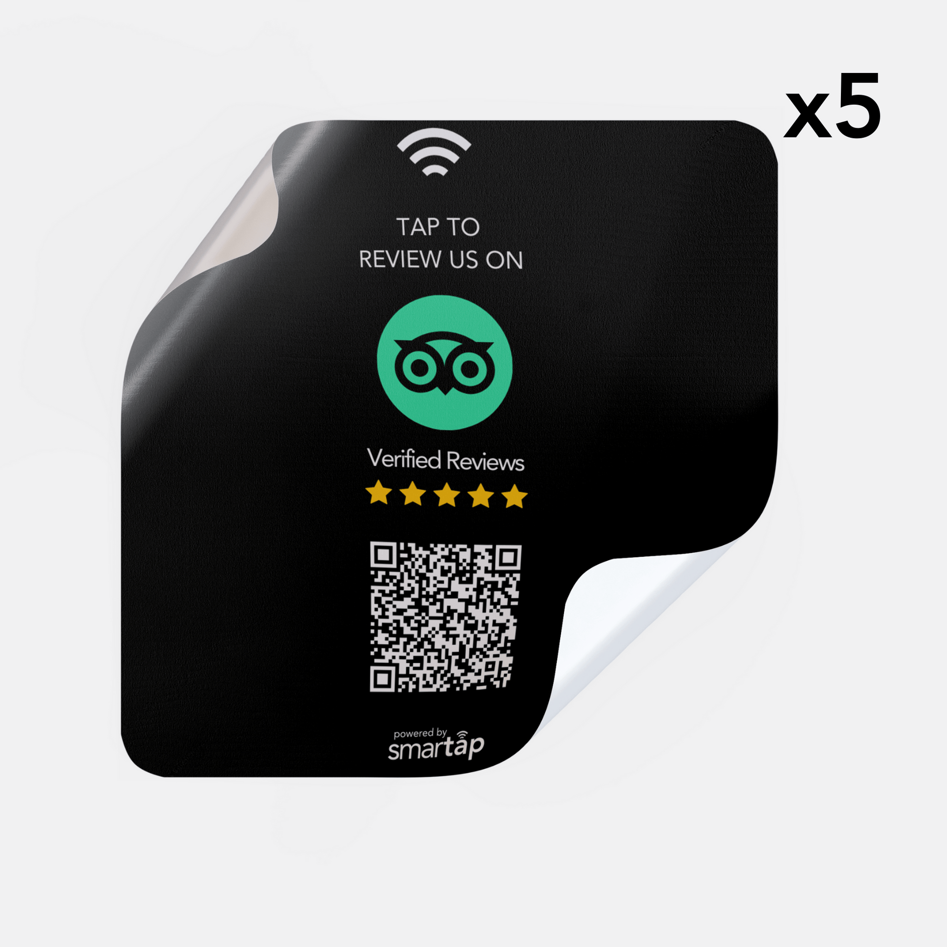 Set of five black Tripadvisor Stickers with QR code for customer reviews and customization options