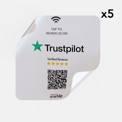 Pack of 5 Trustpilot Stickers with customizable QR code and adhesive back for easy customer reviews.