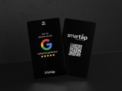 Black Google Metal Cards with NFC chip, QR code, customizable design for sharing digital profiles and Google Reviews.