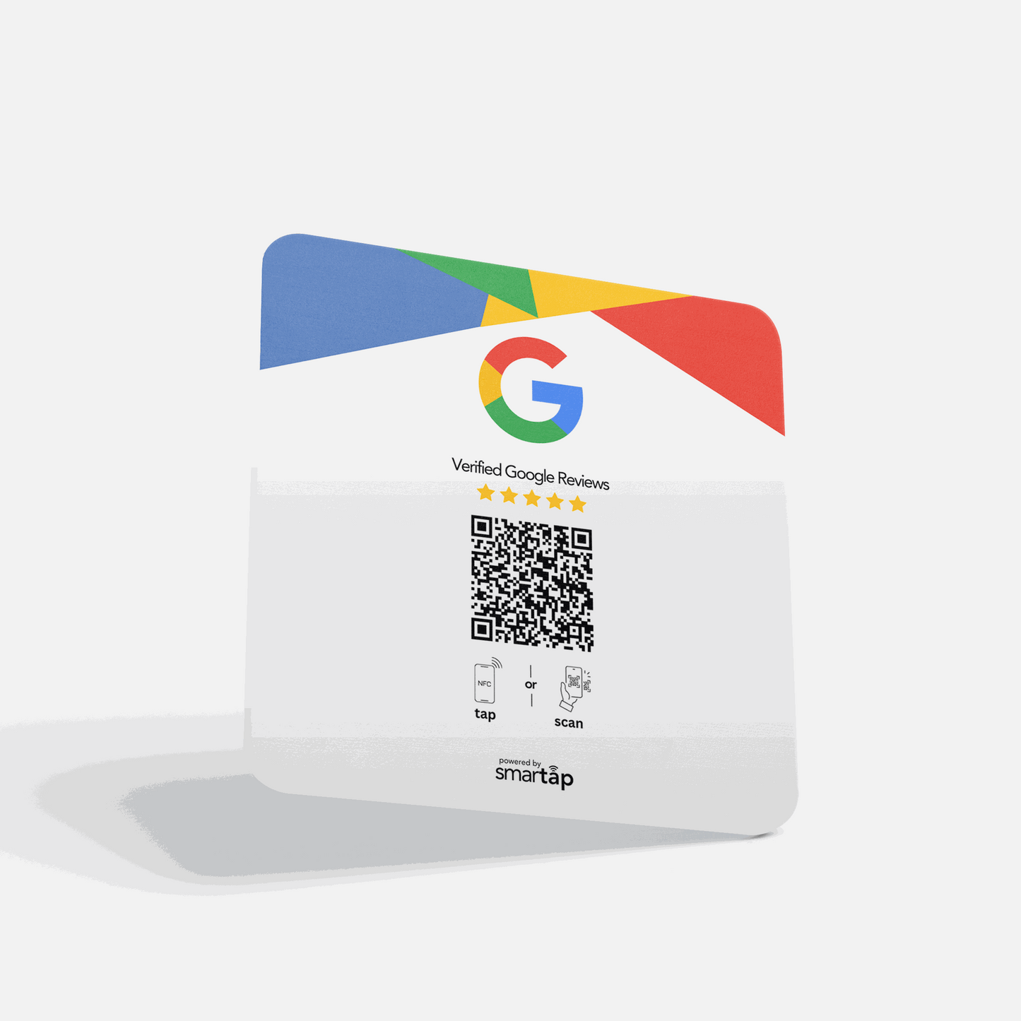 Square acrylic plaque with Google logo, QR code, and NFC chip for collecting verified Google reviews