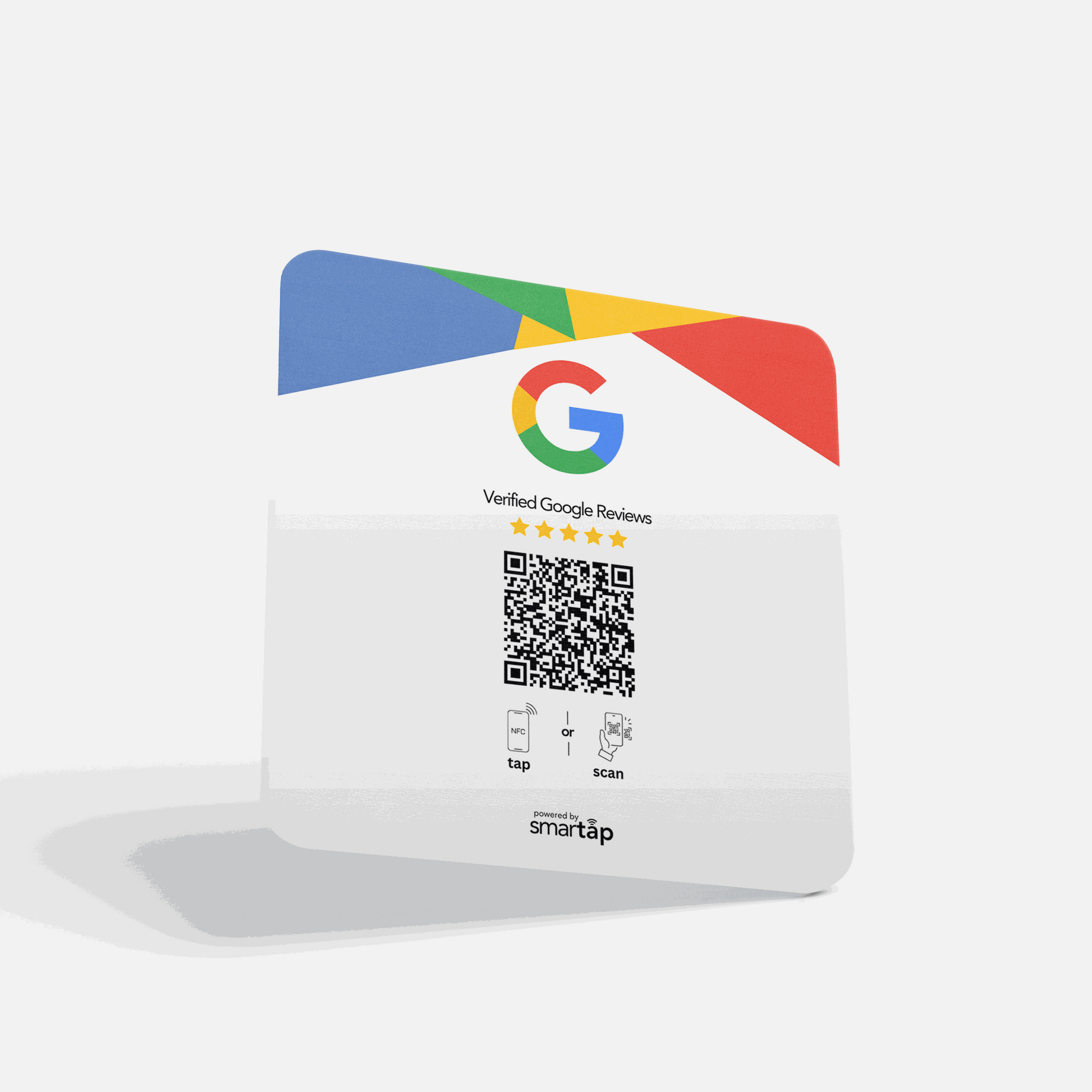 Square acrylic plaque with Google logo, QR code, and NFC chip for collecting verified Google reviews