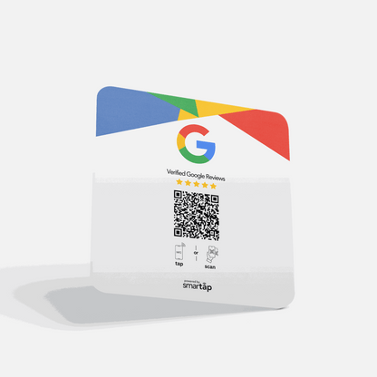 Square acrylic plaque with Google logo, QR code, and NFC chip for collecting verified Google reviews
