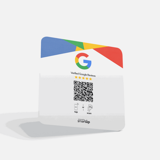 Square acrylic plaque with Google logo, QR code, and NFC chip for collecting verified Google reviews
