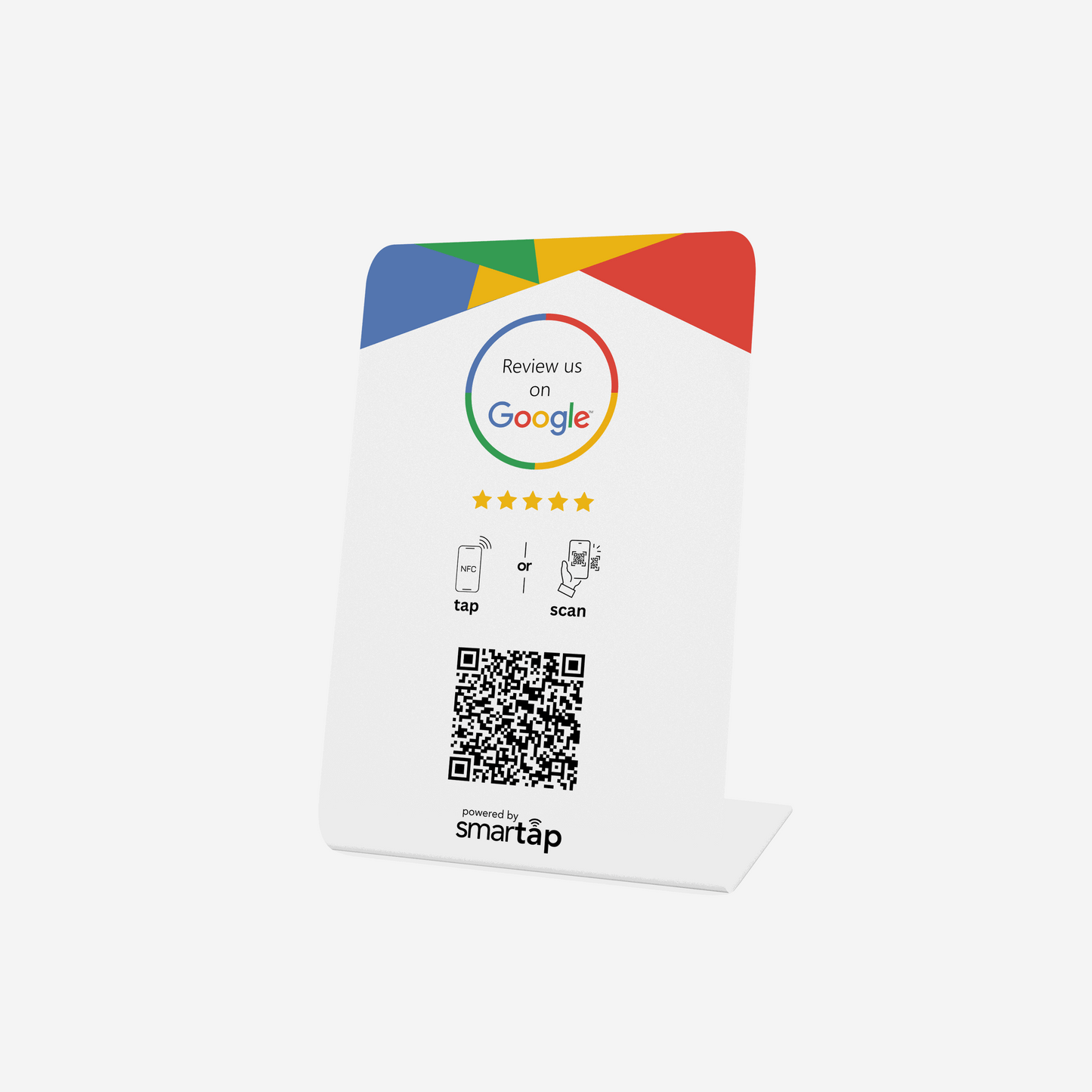 Google Stand white PVC table display with customizable NFC chip and QR code for collecting Google reviews quickly and easily