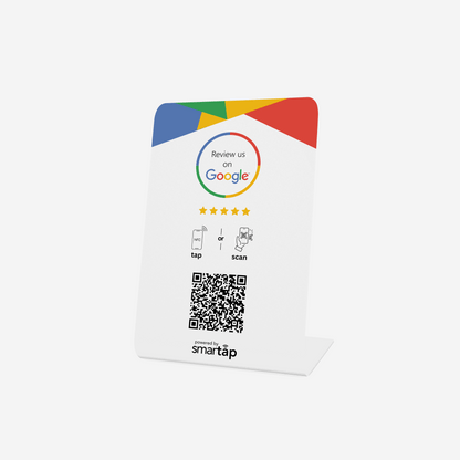 Google Stand white PVC table display with customizable NFC chip and QR code for collecting Google reviews quickly and easily