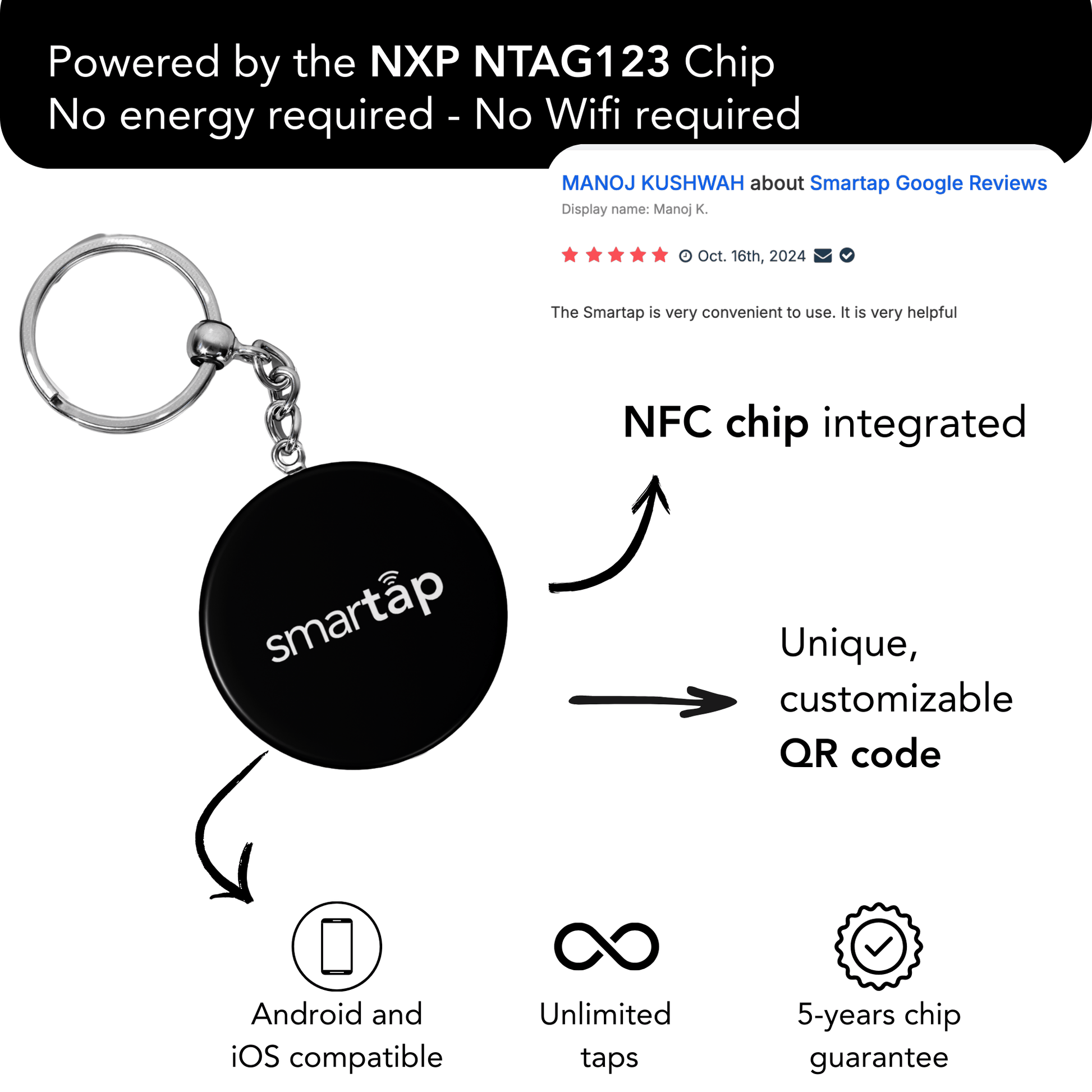 Tripadvisor Keychain with NFC chip and customizable QR code, black PVC keychain with metal chain, compatible with Android and iOS, no WiFi required, 5-year chip guarantee