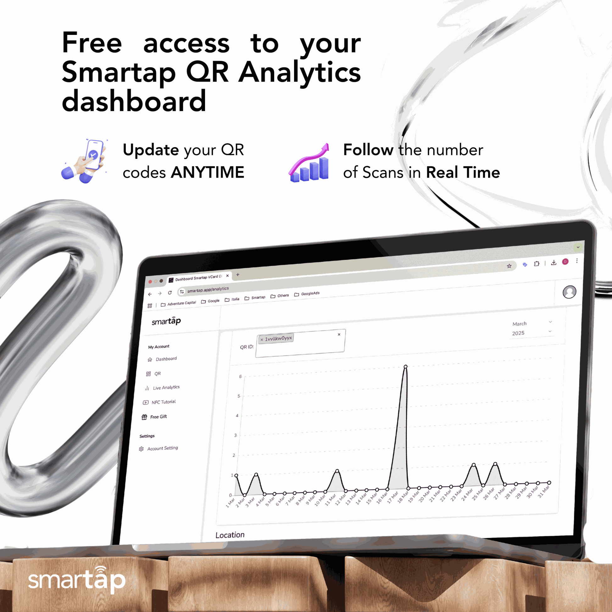Acrylic plaque with NFC chip and QR code, Google reviews promotion with free keychain and Smartap QR Analytics dashboard on laptop.