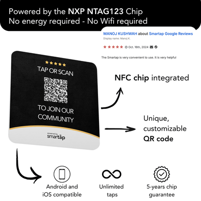 Acrylic plaque with NFC chip and QR code for Google reviews, 3.9x3.9 inches, customizable and adhesive-backed with free keychain.