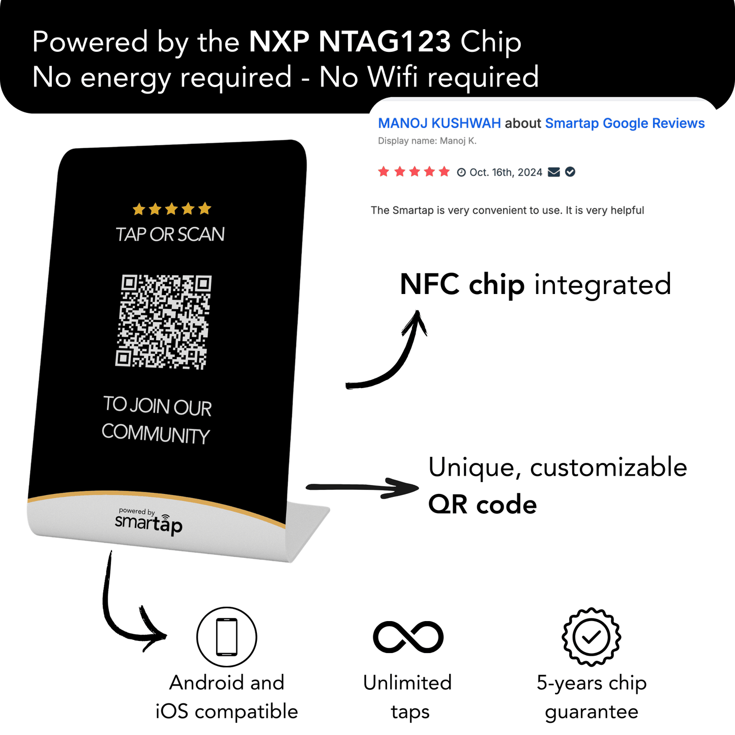 Google Stand with NFC chip and customizable QR code for collecting Google reviews, includes free keychain, compatible with Android and iOS.