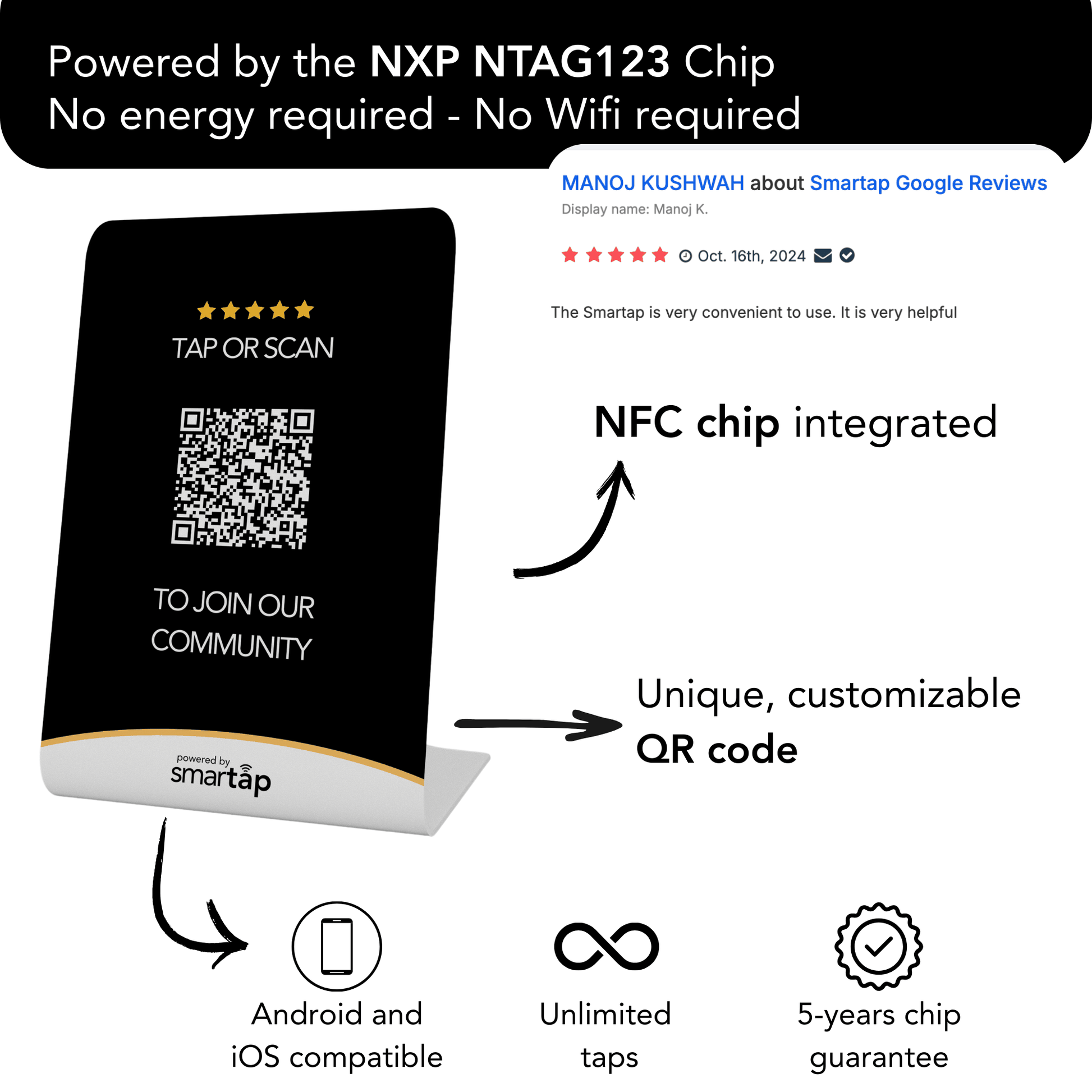 Google Stand with NFC chip and customizable QR code for collecting Google reviews, includes free keychain, compatible with Android and iOS.