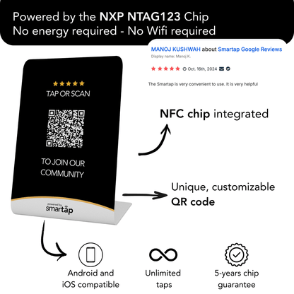 Google Stand with NFC chip and customizable QR code for collecting Google reviews, includes free keychain, compatible with Android and iOS.