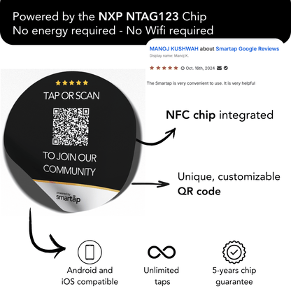 WhatsApp Sticker with NFC chip, customizable QR code, 15cm square, adhesive back, Android and iOS compatible, for instant chat connection