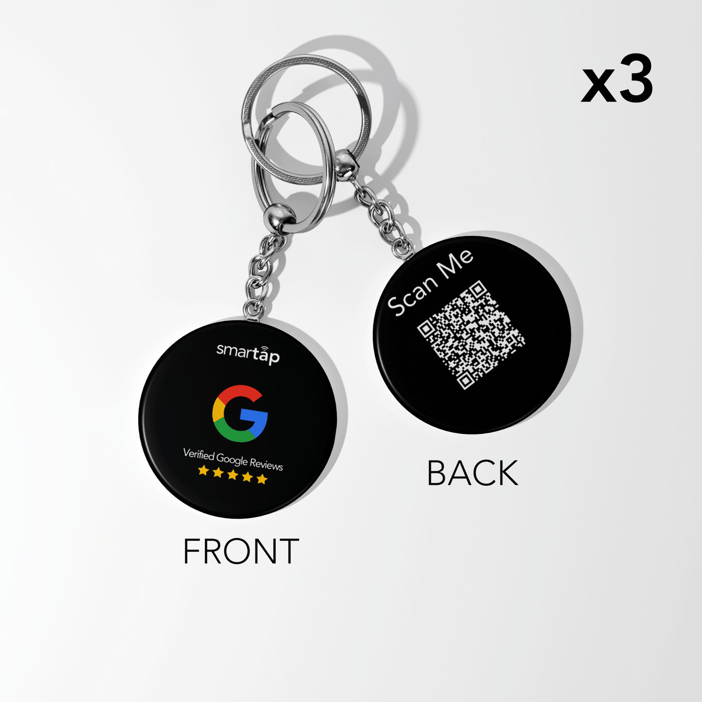 Set of three Google Keychain PVC keychains with customizable NFC chip and QR code, front showing Google logo and reviews, back with scan QR code.