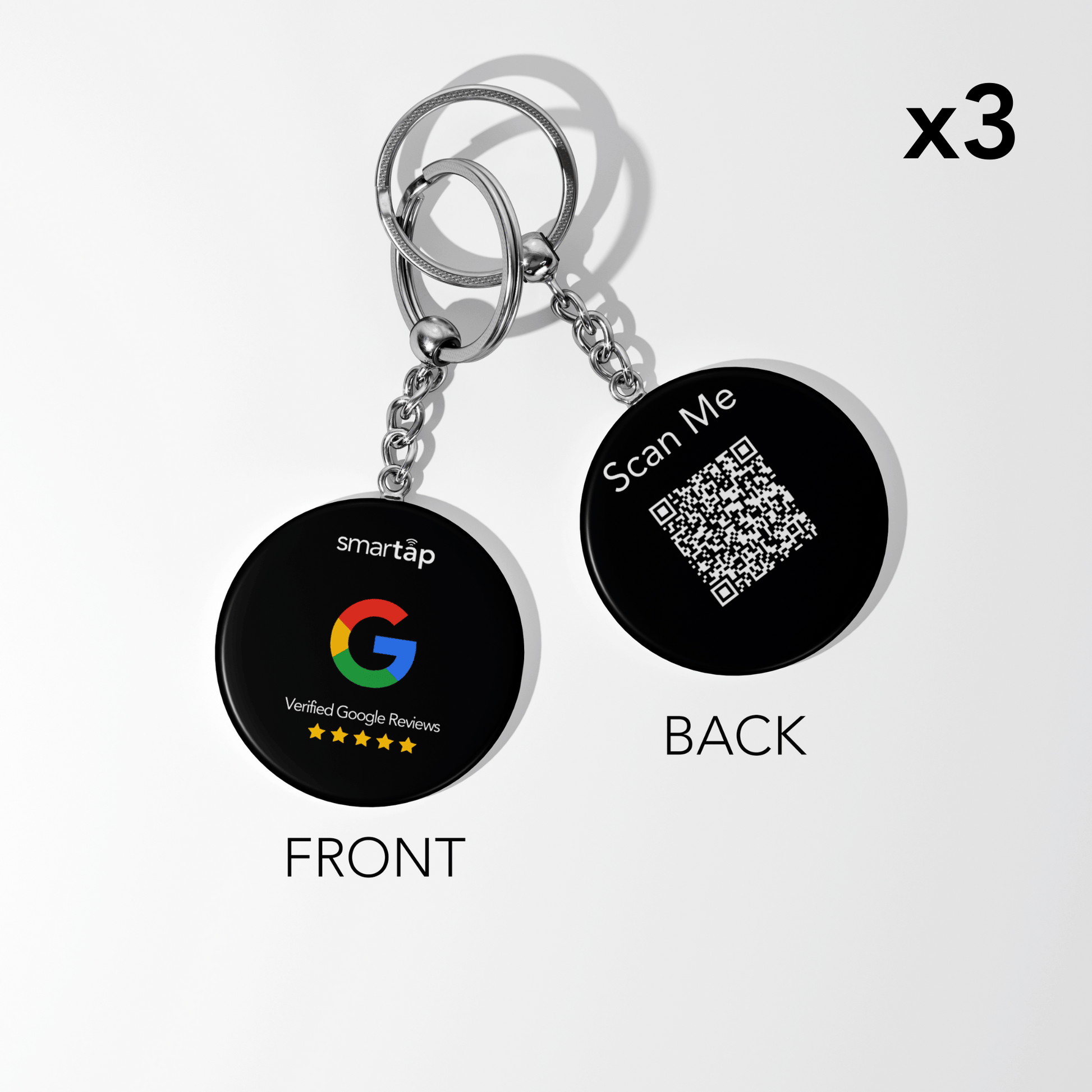 Set of three Google Keychain PVC keychains with customizable NFC chip and QR code, front showing Google logo and reviews, back with scan QR code.