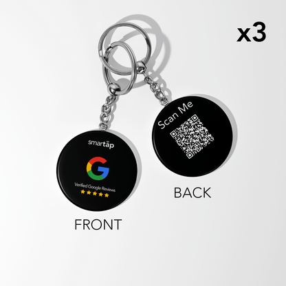 Set of three Google Keychain PVC keychains with customizable NFC chip and QR code, front showing Google logo and reviews, back with scan QR code.