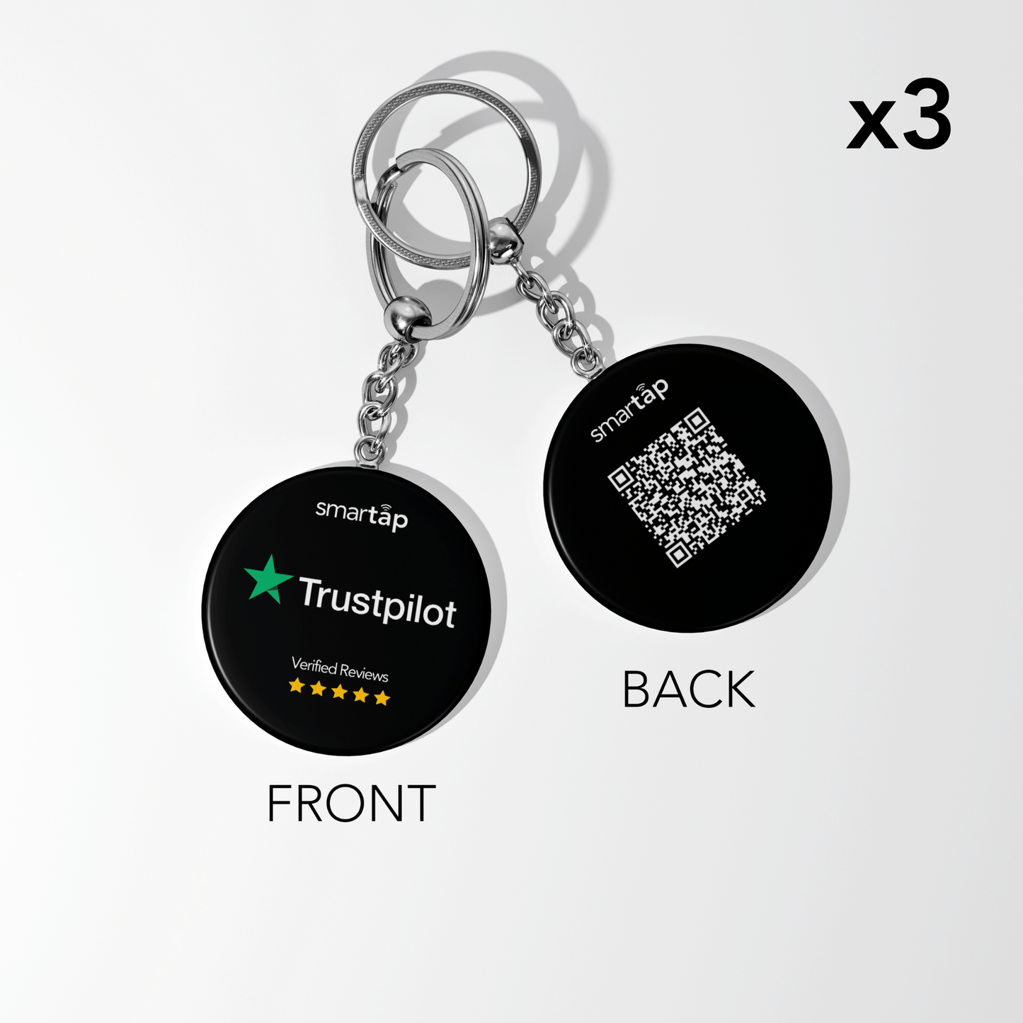 Trustpilot Keychain set of three with NFC and QR code, black round PVC keychains for easy review collection and business credibility.