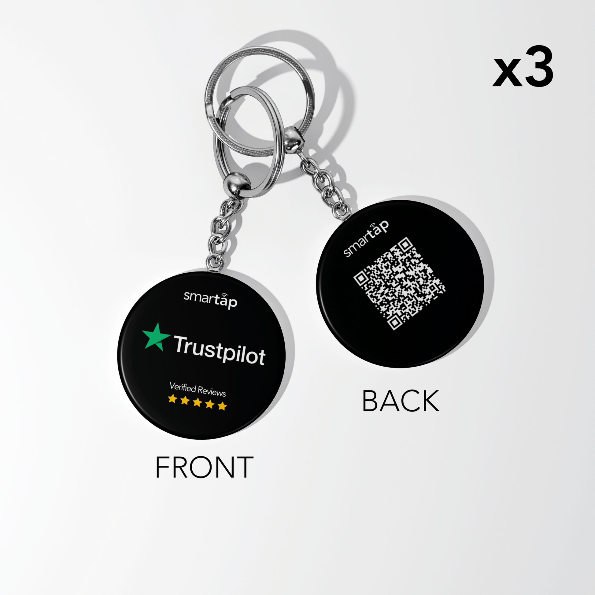 Trustpilot Keychain set of three with NFC and QR code, black round PVC keychains for easy review collection and business credibility.