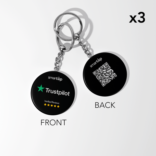 Trustpilot Keychain set of three with NFC and QR code, black round PVC keychains for easy review collection and business credibility.