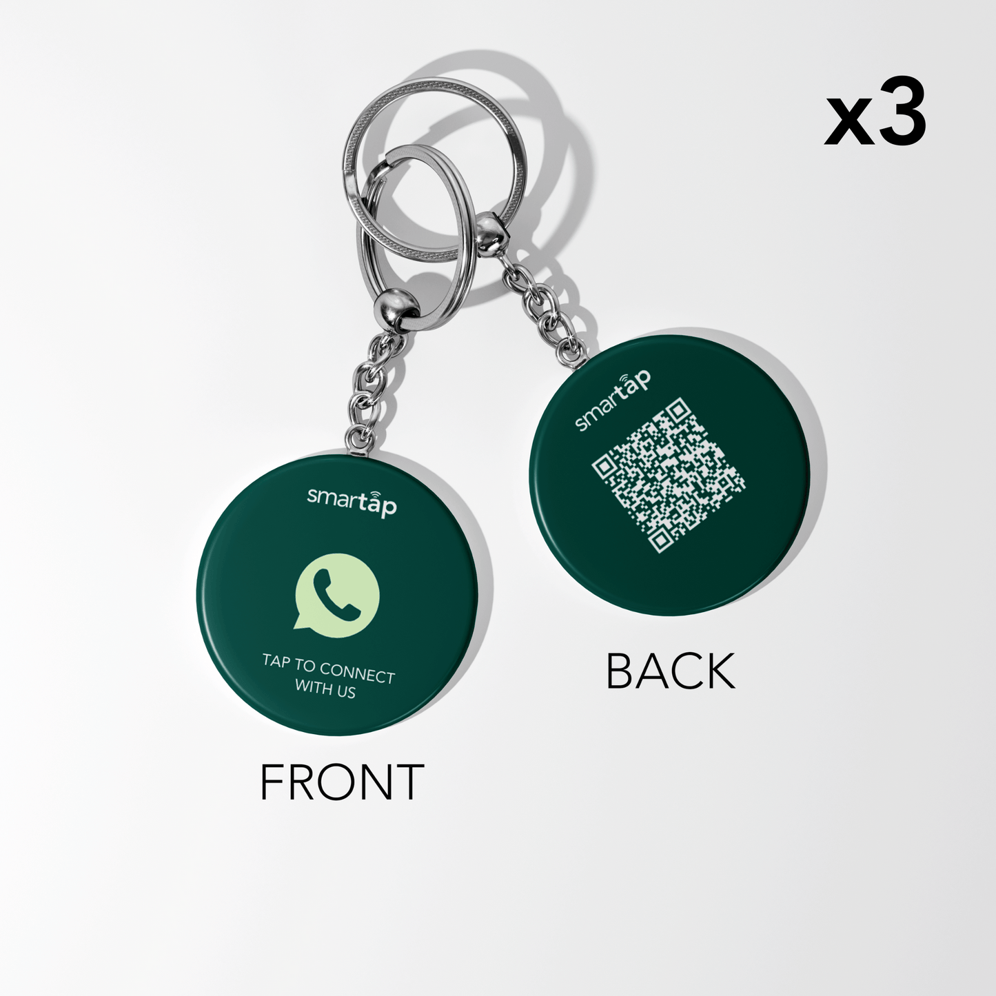 WhatsApp Keychain with NFC and QR code, front showing chat icon, back showing QR code, set of 3 PVC keychains with metal chains