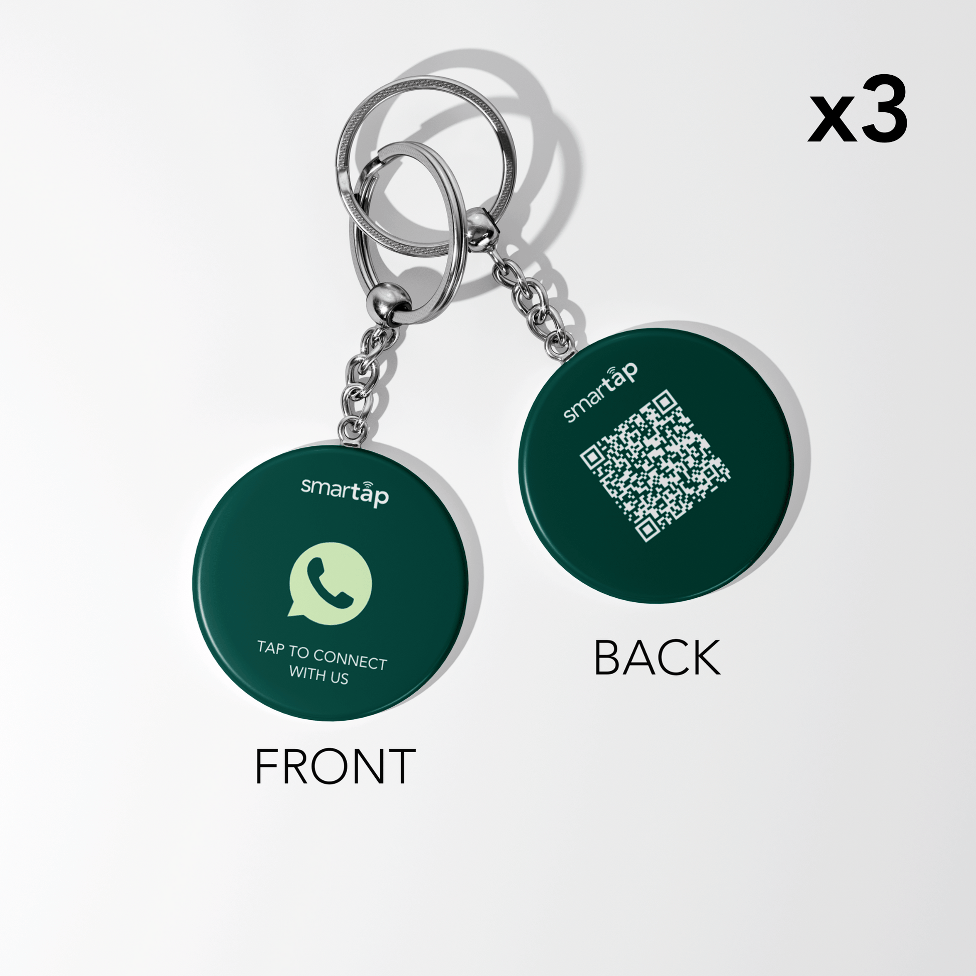 WhatsApp Keychain with NFC and QR code, front showing chat icon, back showing QR code, set of 3 PVC keychains with metal chains