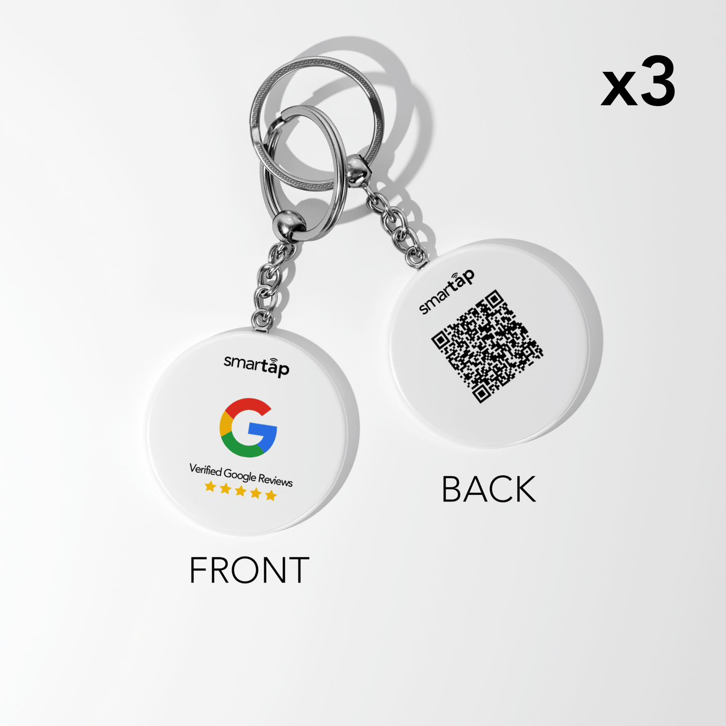 Google Keychain x3 set with PVC double-sided print, NFC chip, and QR code for collecting Google reviews.