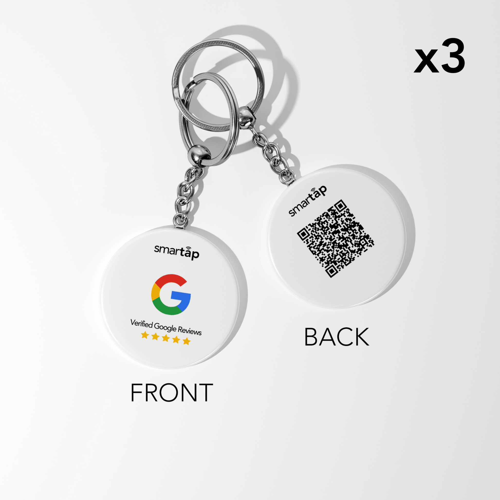 Google Keychain x3 set with PVC double-sided print, NFC chip, and QR code for collecting Google reviews.