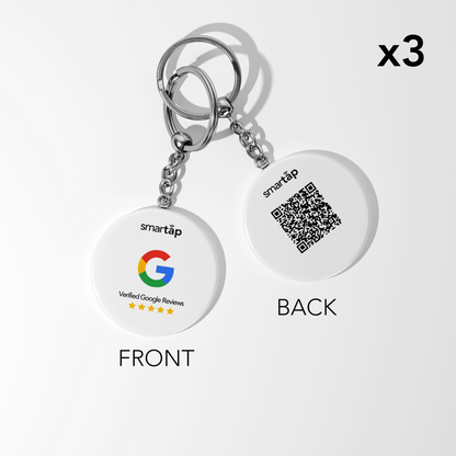 Google Keychain x3 set with PVC double-sided print, NFC chip, and QR code for collecting Google reviews.