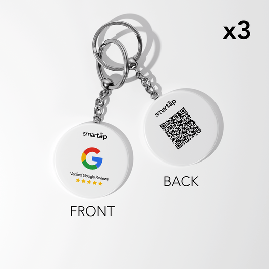 Google Keychain x3 set with PVC double-sided print, NFC chip, and QR code for collecting Google reviews.