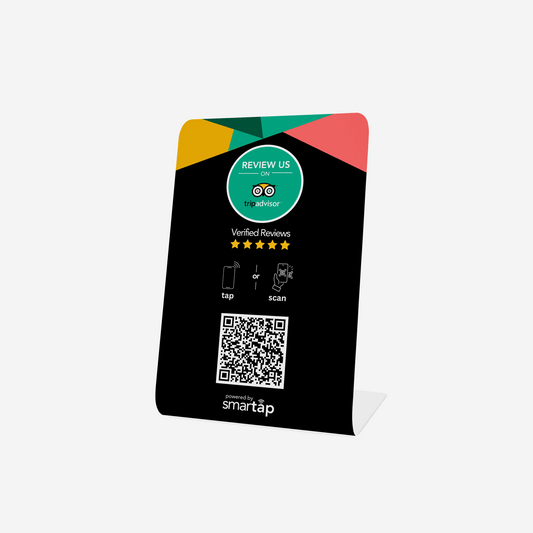 Tripadvisor Stand with NFC and QR code for easy customer reviews on table or counter