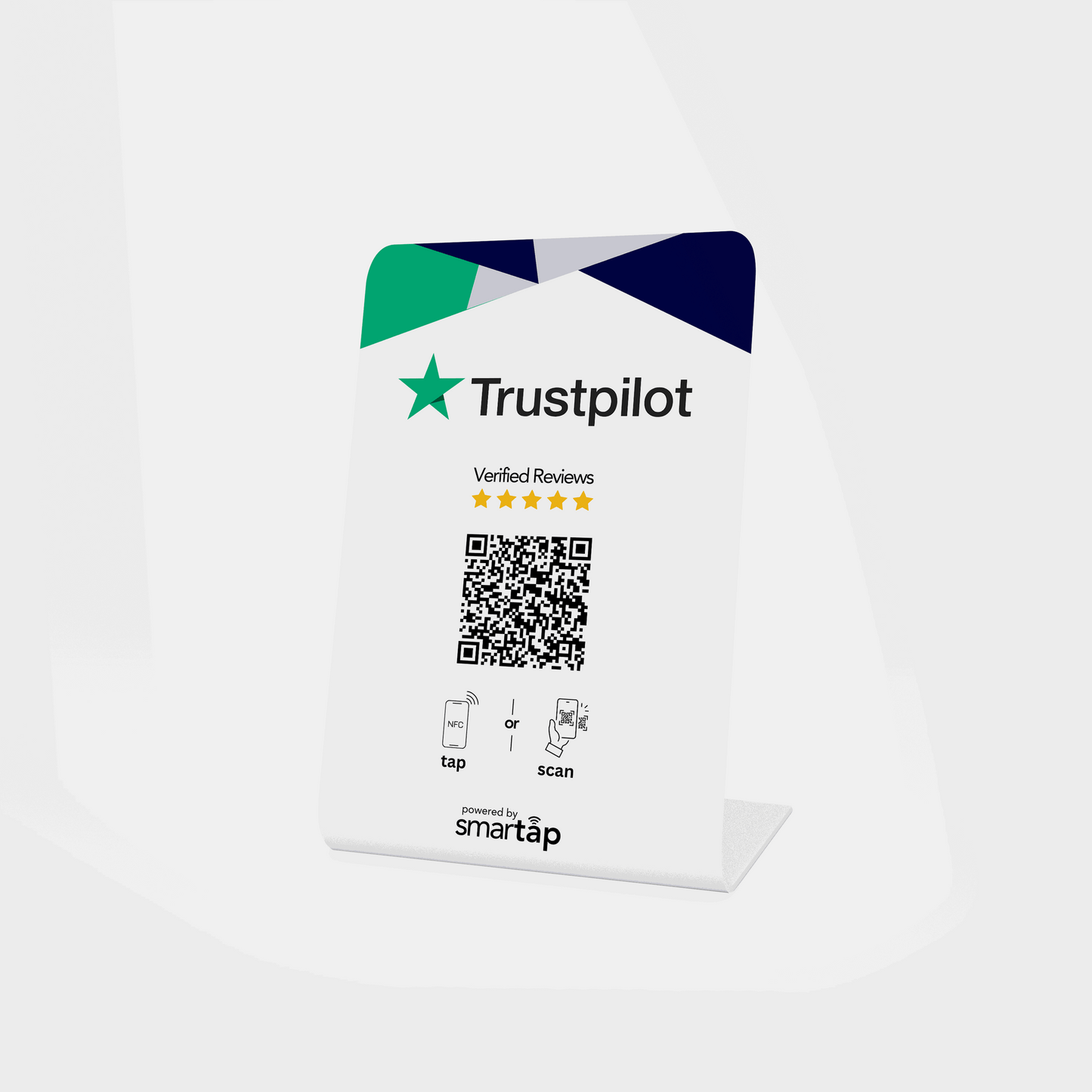 Trustpilot Stand PVC table display with customizable NFC and QR code for easy review collection and increased credibility.