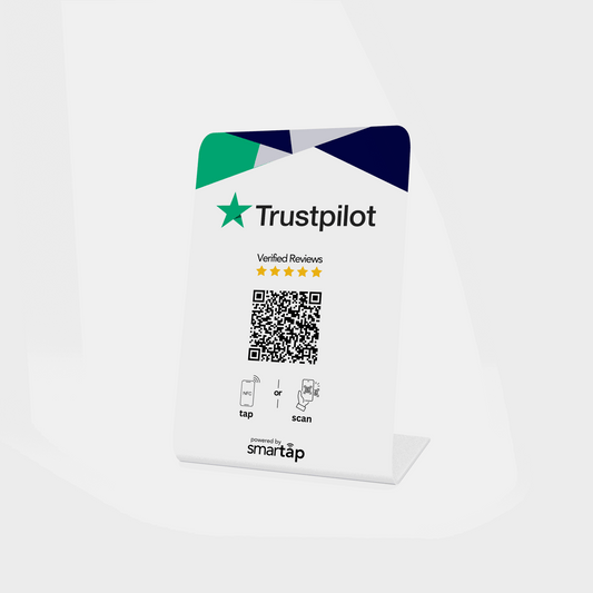 Trustpilot Stand PVC table display with customizable NFC and QR code for easy review collection and increased credibility.
