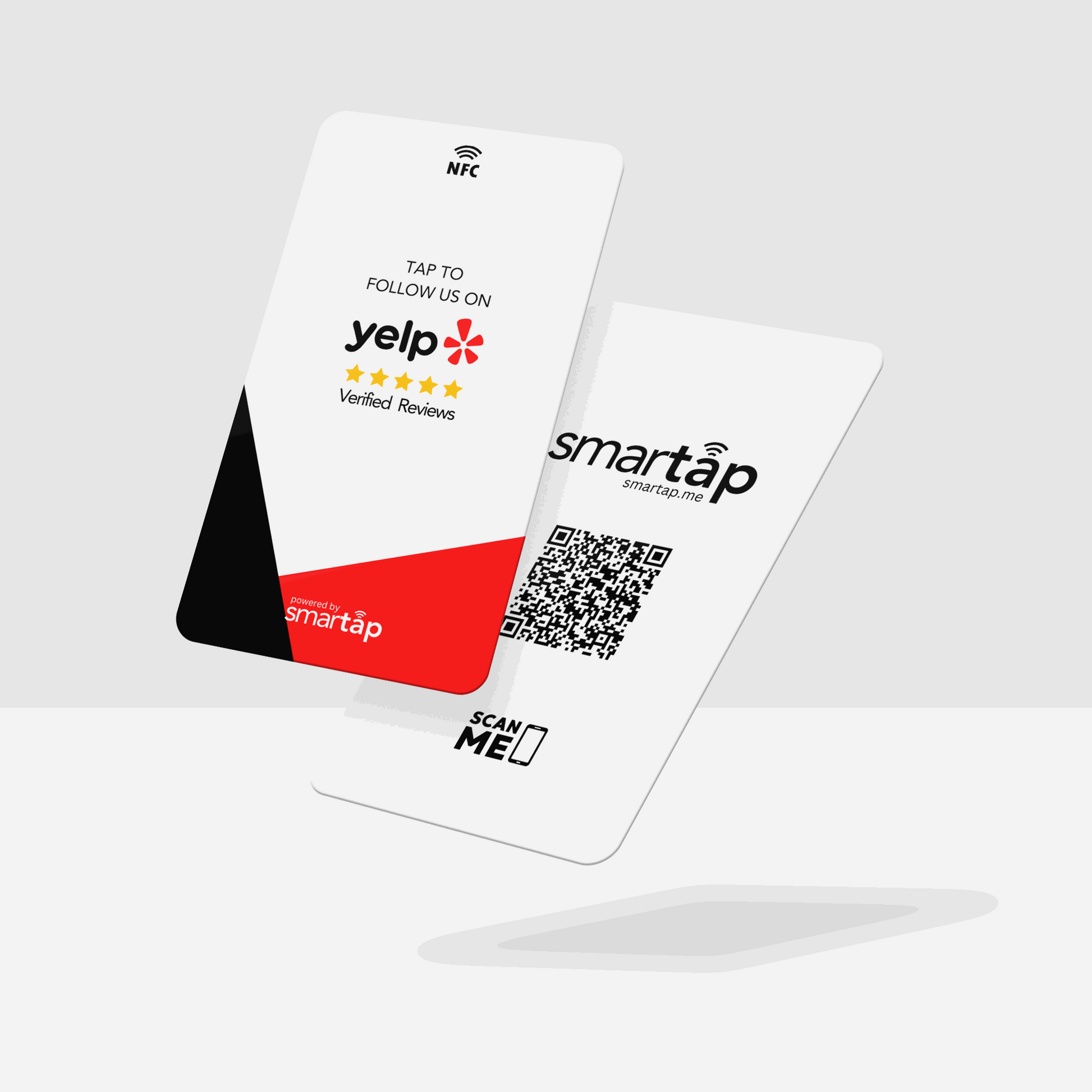 Yelp Card plastic NFC business card with QR code for customer reviews and contact info.